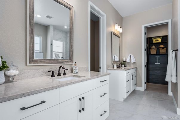 Bathroom, Dual Sink Vanities, Interior, Marble, Recessed Lighting