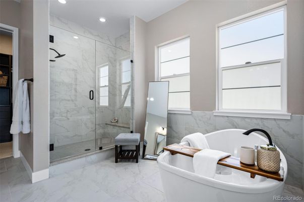Bathroom, Free Standing Baths, Glass Shower, Interior, Marble, Marble Walls, Recessed Lighting