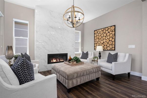 Fireplace, Interior, Living room, Marble Walls, Pendant Lights, Wood Texture Flooring