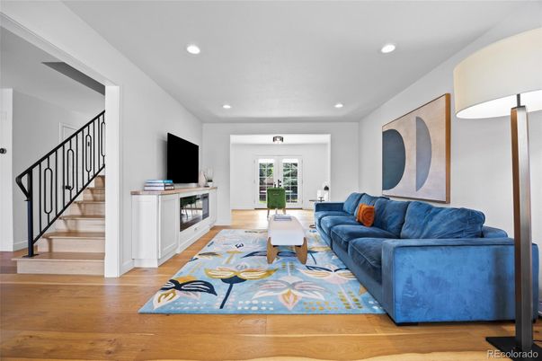 Fireplace, Interior, Living room, Recessed Lighting, Wood Texture Flooring