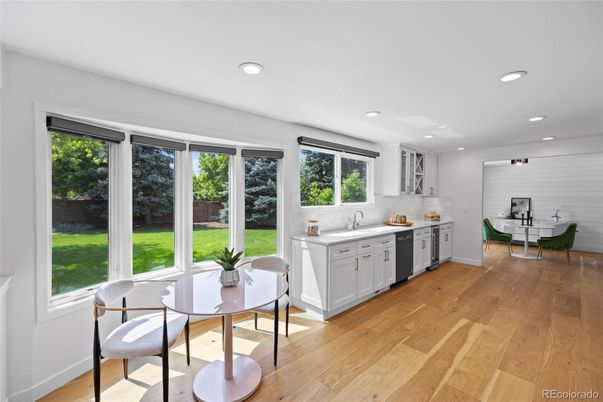 Dining room, Interior, Kitchen, Recessed Lighting, Wood Texture Flooring