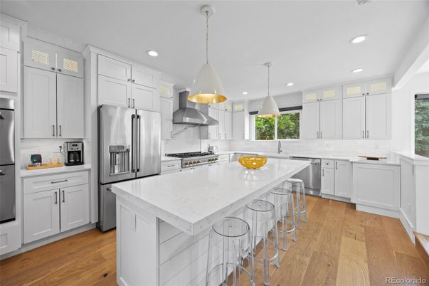 Interior, Kitchen, Pendant Lights, Recessed Lighting, Stainless Steel Appliances, Wood Texture Flooring