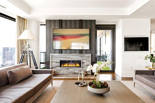 Fireplace, Interior, Living room, Recessed Lighting, Wood Texture Flooring