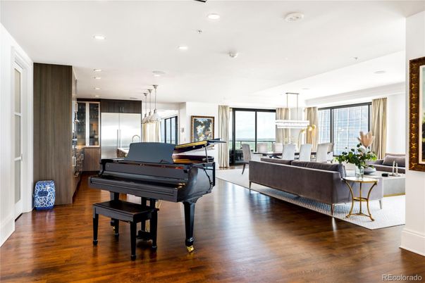 Chandelier, Dining room, Interior, Living room, Pendant Lights, Piano, Recessed Lighting, Wood Texture Flooring