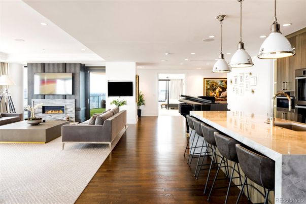 Fireplace, Interior, Kitchen, Living room, Pendant Lights, Piano, Recessed Lighting, Wood Texture Flooring