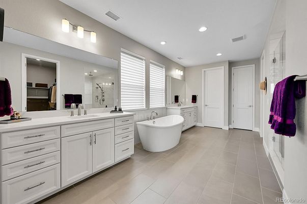 Bathroom, Dual Sink Vanities, Free Standing Baths, Glass Shower, Interior, Recessed Lighting