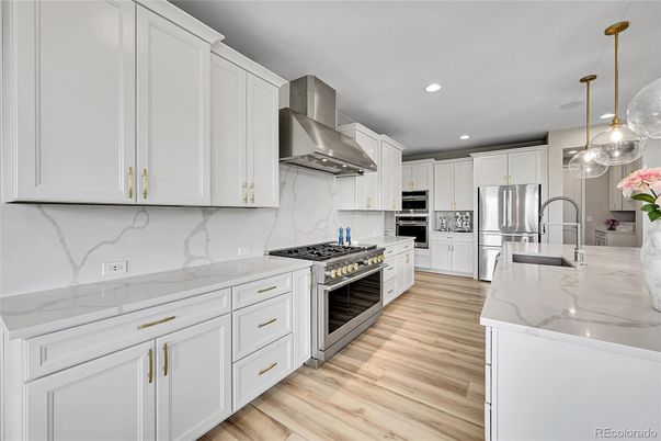Interior, Kitchen, Marble Walls, Pendant Lights, Recessed Lighting, Stainless Steel Appliances, Wood Texture Flooring