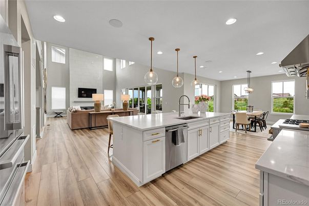 Dining room, Interior, Kitchen, Living room, Pendant Lights, Recessed Lighting, Stainless Steel Appliances, Wood Texture Flooring