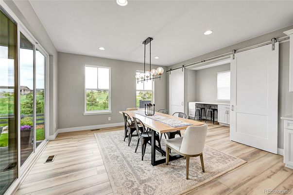Dining room, Interior, Pendant Lights, Recessed Lighting, Wood Texture Flooring