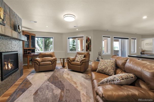 Fireplace, Interior, Living room, Recessed Lighting, Wood Texture Flooring