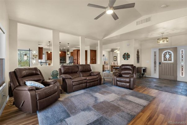 Interior, Kitchen, Living room, Pendant Lights, Recessed Lighting, Wood Texture Flooring