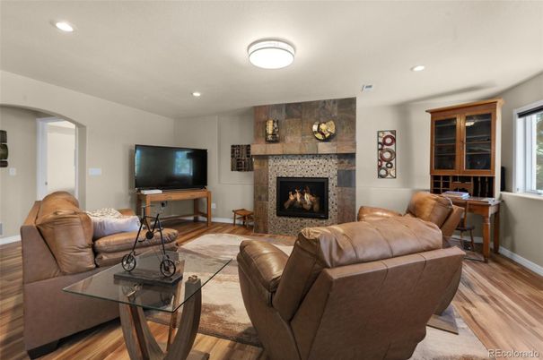Fireplace, Interior, Living room, Recessed Lighting, Wood Texture Flooring