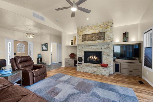 Fireplace, Interior, Pendant Lights, Recessed Lighting, Stone Walls, Wood Texture Flooring