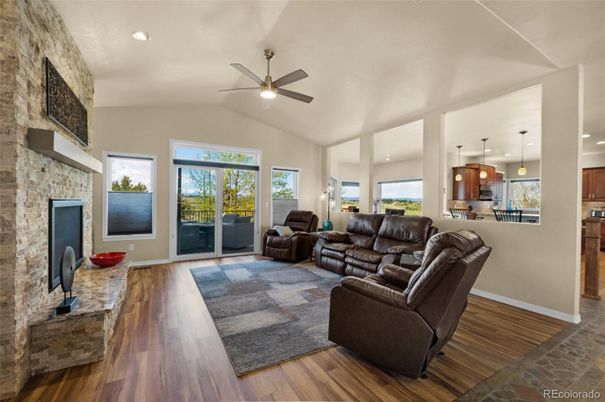 Fireplace, Interior, Kitchen, Living room, Pendant Lights, Recessed Lighting, Stone Walls, Wood Texture Flooring
