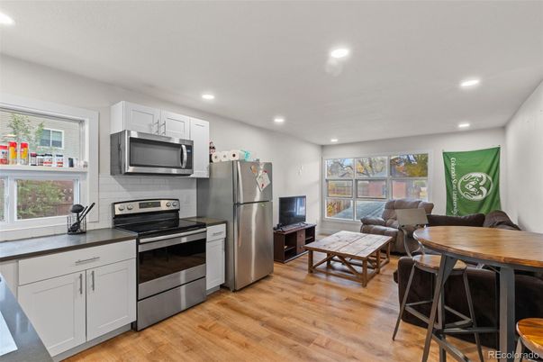 Interior, Kitchen, Living room, Recessed Lighting, Stainless Steel Appliances, Wood Texture Flooring