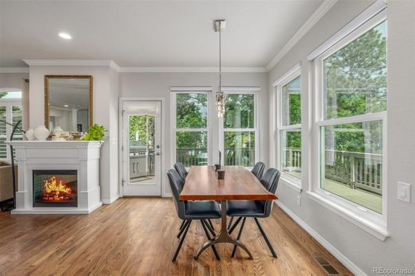 Dining room, Fireplace, Interior, Pendant Lights, Recessed Lighting, Wood Texture Flooring