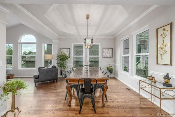 Dining room, Interior, Pendant Lights, Wood Texture Flooring