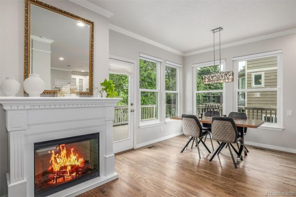 Dining room, Fireplace, Interior, Pendant Lights, Recessed Lighting, Wood Texture Flooring