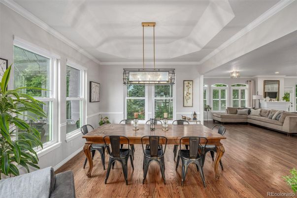 Dining room, Interior, Living room, Pendant Lights, Wood Texture Flooring