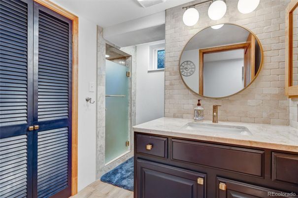 Bathroom, Glass Shower, Interior, Wood Texture Flooring
