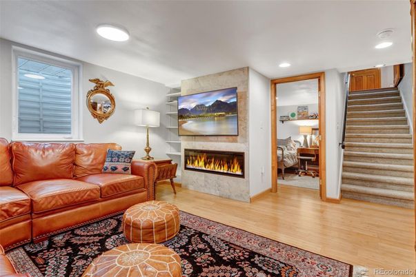 Fireplace, Interior, Living room, Recessed Lighting, Wood Texture Flooring
