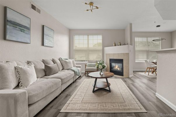 Dining room, Fireplace, Interior, Living room, Pendant Lights, Wood Texture Flooring