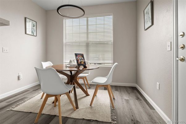 Dining room, Interior, Pendant Lights, Wood Texture Flooring