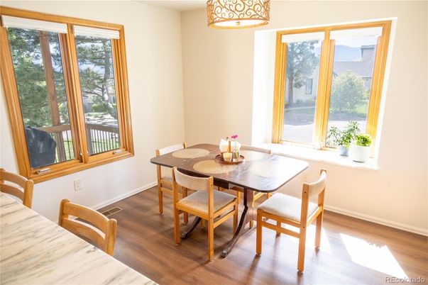 Dining room, Interior, Pendant Lights, Wood Texture Flooring