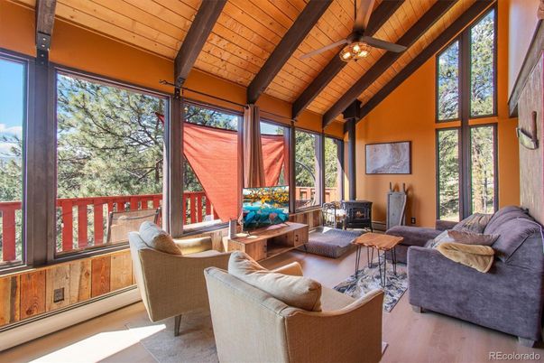 Fireplace, Interior, Living room, Sun Room, Wooden Beams, Wooden Ceilings, Wood Texture Flooring