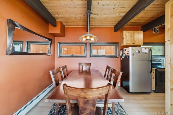 Dining room, Interior, Kitchen, Pendant Lights, Wooden Beams, Wooden Ceilings, Wood Texture Flooring