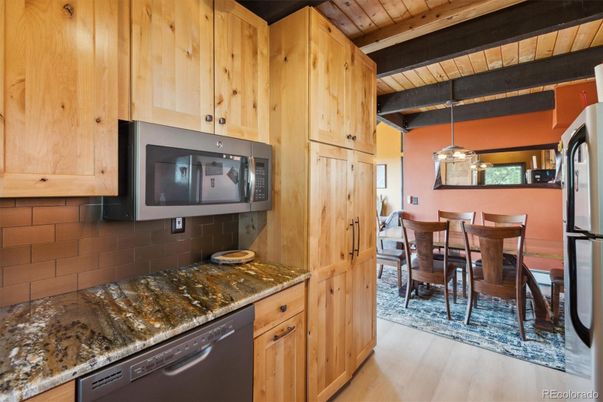 Dining room, Interior, Kitchen, Pendant Lights, Wooden Beams, Wooden Ceilings, Wood Texture Flooring