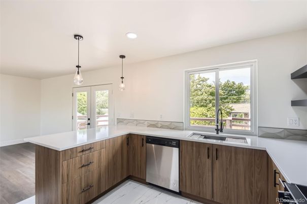 Interior, Kitchen, Marble, Pendant Lights, Recessed Lighting, Wood Texture Flooring