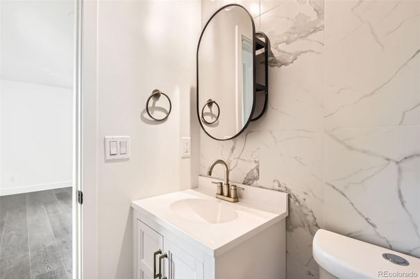 Bathroom, Interior, Marble Walls, Wood Texture Flooring