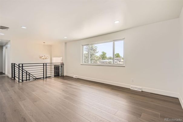 Chandelier, Empty room, Interior, Recessed Lighting, Wood Texture Flooring