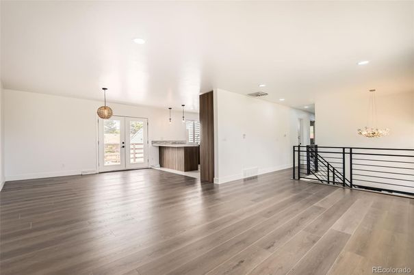 Empty room, Interior, Pendant Lights, Recessed Lighting, Wood Texture Flooring