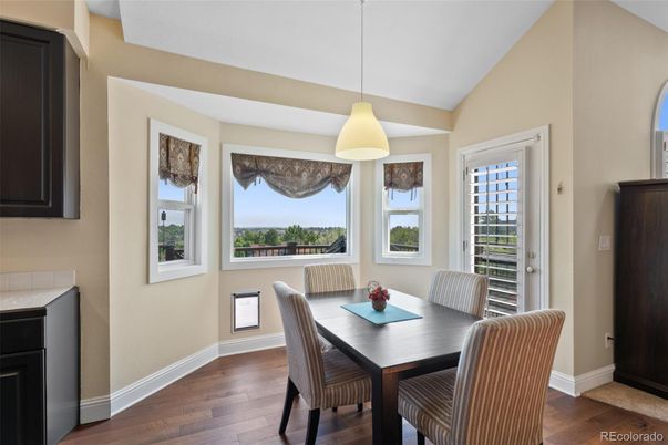 Dining room, Interior, Pendant Lights, Wood Texture Flooring