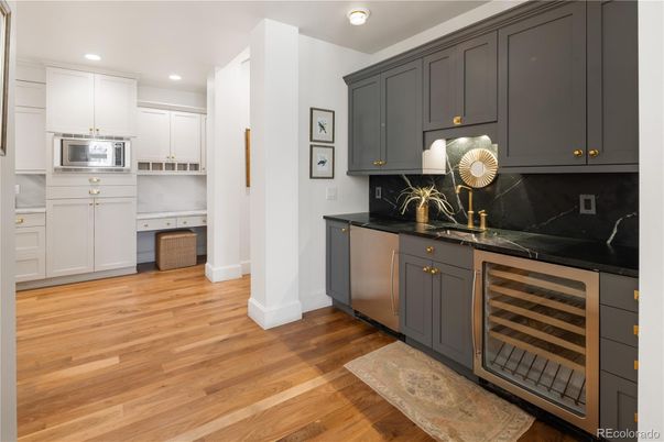 Interior, Kitchen, Marble Walls, Recessed Lighting, Wood Texture Flooring