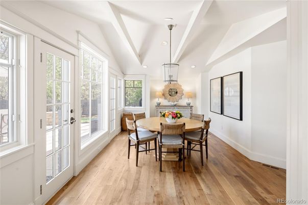 Dining room, Interior, Pendant Lights, Recessed Lighting, Wood Texture Flooring
