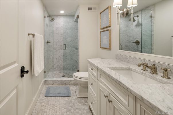 Bathroom, Glass Shower, Interior, Marble Walls, Recessed Lighting