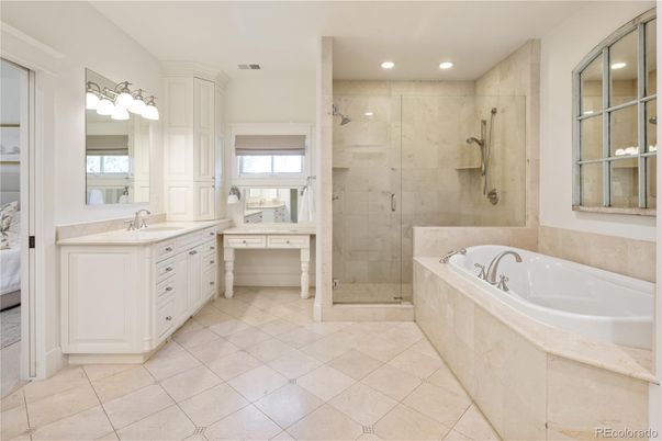 Bathroom, Dual Sink Vanities, Glass Shower, Interior, Recessed Lighting