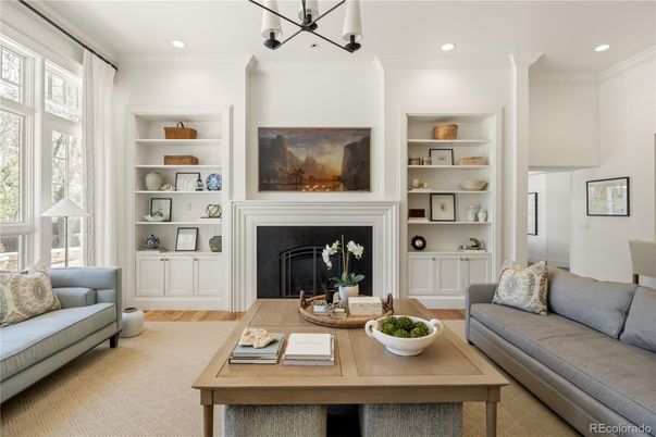 Fireplace, Interior, Living room, Pendant Lights, Recessed Lighting, Wood Texture Flooring