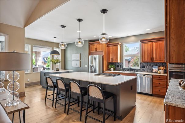 Interior, Kitchen, Pendant Lights, Recessed Lighting, Stainless Steel Appliances, Wood Texture Flooring