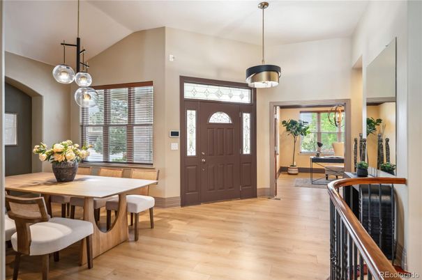 Dining room, Interior, Pendant Lights, Wood Texture Flooring