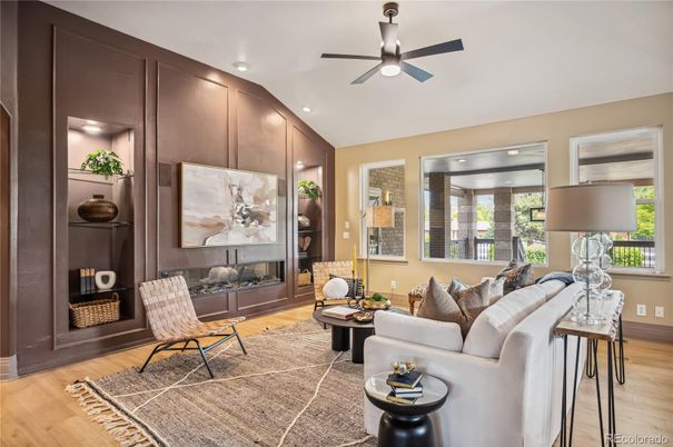 Fireplace, Interior, Living room, Recessed Lighting, Wood Texture Flooring