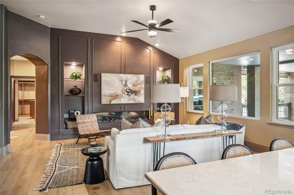 Dining room, Interior, Living room, Recessed Lighting, Wood Texture Flooring