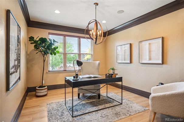 Chandelier, Home Office, Interior, Pendant Lights, Recessed Lighting, Wood Texture Flooring