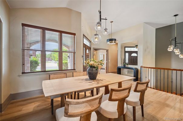 Dining room, Interior, Pendant Lights, Wood Texture Flooring