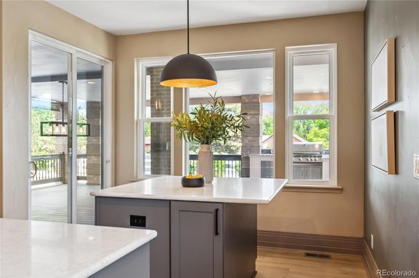 Interior, Kitchen, Pendant Lights, Stainless Steel Appliances, Wood Texture Flooring