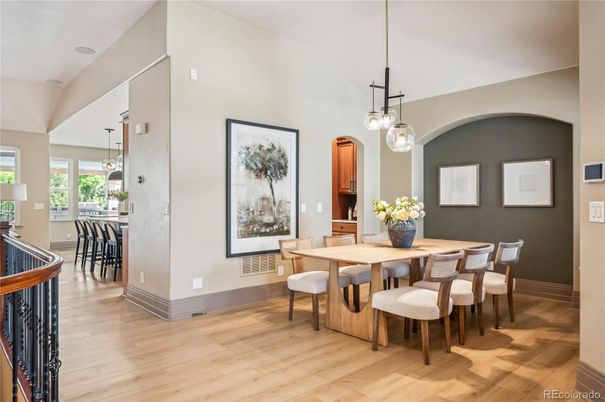 Dining room, Interior, Pendant Lights, Wood Texture Flooring