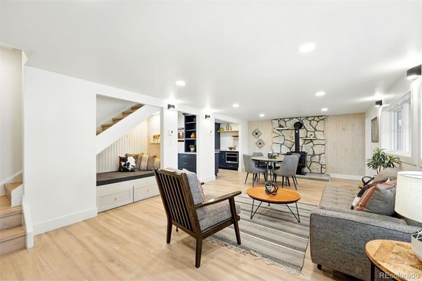 Dining room, Interior, Living room, Recessed Lighting, Stone Walls, Wood Texture Flooring